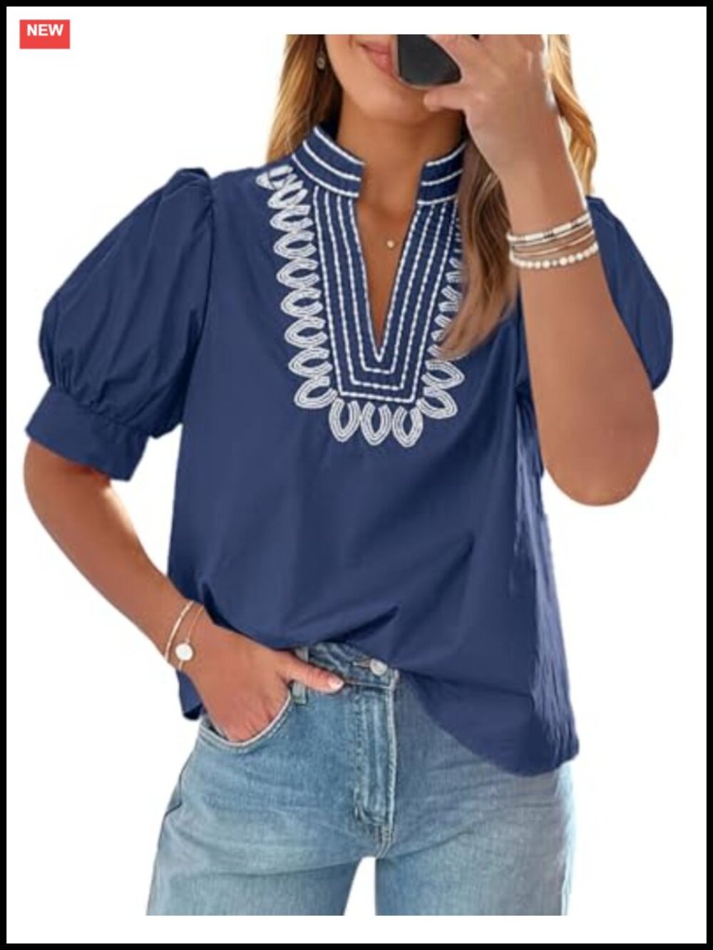 Women's Embroidered Puff Sleeve Peasant Blouse V-Neck Dressy Top